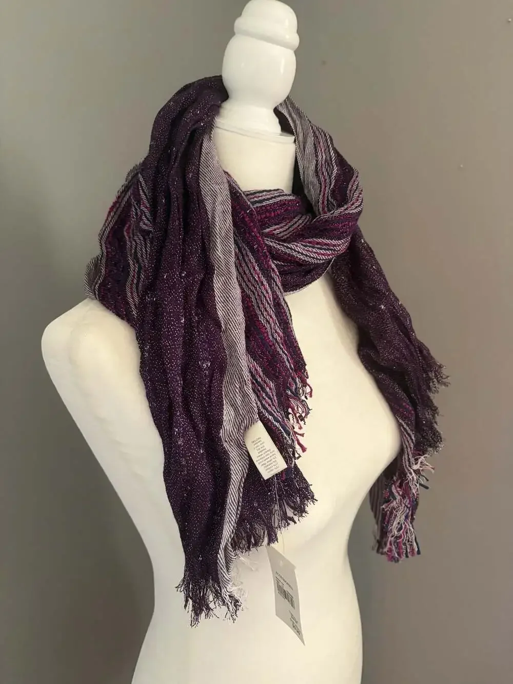 Cato Fringed Scarf with Metallic Thread, Purple and Gray Striped